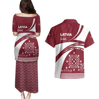 Latvia Couples Matching Puletasi and Hawaiian Shirt with National Coat of Arms and Traditional Folk Patterns
