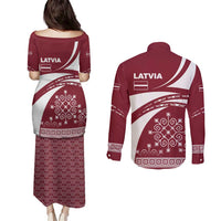 Latvia Couples Matching Puletasi and Long Sleeve Button Shirt with National Coat of Arms and Traditional Folk Patterns