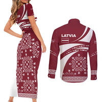 Latvia Couples Matching Short Sleeve Bodycon Dress and Long Sleeve Button Shirt with National Coat of Arms and Traditional Folk Patterns
