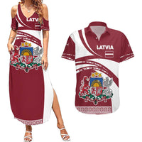 Latvia Couples Matching Summer Maxi Dress and Hawaiian Shirt with National Coat of Arms and Traditional Folk Patterns