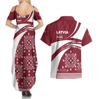 Latvia Couples Matching Summer Maxi Dress and Hawaiian Shirt with National Coat of Arms and Traditional Folk Patterns