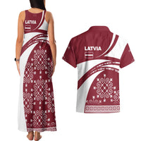 Latvia Couples Matching Tank Maxi Dress and Hawaiian Shirt with National Coat of Arms and Traditional Folk Patterns