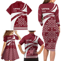 Latvia Family Matching Long Sleeve Bodycon Dress and Hawaiian Shirt with National Coat of Arms and Traditional Folk Patterns