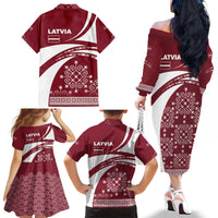 Latvia Family Matching Off The Shoulder Long Sleeve Dress and Hawaiian Shirt with National Coat of Arms and Traditional Folk Patterns