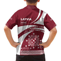 Latvia Family Matching Off Shoulder Short Dress and Hawaiian Shirt with National Coat of Arms and Traditional Folk Patterns