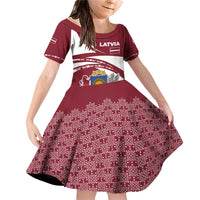 Latvia Family Matching Off Shoulder Short Dress and Hawaiian Shirt with National Coat of Arms and Traditional Folk Patterns
