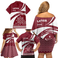 Latvia Family Matching Off Shoulder Short Dress and Hawaiian Shirt with National Coat of Arms and Traditional Folk Patterns