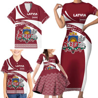 Latvia Family Matching Short Sleeve Bodycon Dress and Hawaiian Shirt with National Coat of Arms and Traditional Folk Patterns