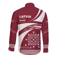 Latvia Long Sleeve Button Shirt with National Coat of Arms and Traditional Folk Patterns