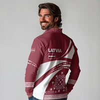 Latvia Long Sleeve Polo Shirt with National Coat of Arms and Traditional Folk Patterns