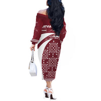 Latvia Off The Shoulder Long Sleeve Dress with National Coat of Arms and Traditional Folk Patterns