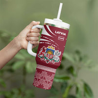 Latvia Tumbler With Handle with National Coat of Arms and Traditional Folk Patterns