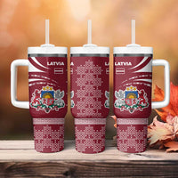 Latvia Tumbler With Handle with National Coat of Arms and Traditional Folk Patterns
