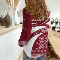 Latvia Women Casual Shirt with National Coat of Arms and Traditional Folk Patterns