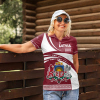 Latvia Women Polo Shirt with National Coat of Arms and Traditional Folk Patterns