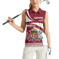Latvia Women Sleeveless Polo Shirt with National Coat of Arms and Traditional Folk Patterns