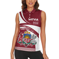 Latvia Women Sleeveless Polo Shirt with National Coat of Arms and Traditional Folk Patterns