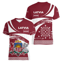 Latvia Women V-Neck T-Shirt with National Coat of Arms and Traditional Folk Patterns