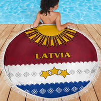 Latvia Beach Blanket with Three Stars Design and Traditional Pattern Details