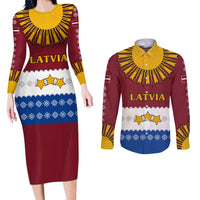Latvia Couples Matching Long Sleeve Bodycon Dress and Long Sleeve Button Shirt with Three Stars Design and Traditional Pattern Details