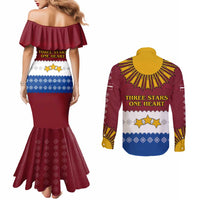 Latvia Couples Matching Mermaid Dress and Long Sleeve Button Shirt with Three Stars Design and Traditional Pattern Details