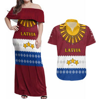 Latvia Couples Matching Off Shoulder Maxi Dress and Hawaiian Shirt with Three Stars Design and Traditional Pattern Details