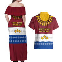 Latvia Couples Matching Off Shoulder Maxi Dress and Hawaiian Shirt with Three Stars Design and Traditional Pattern Details