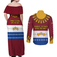 Latvia Couples Matching Off Shoulder Maxi Dress and Long Sleeve Button Shirt with Three Stars Design and Traditional Pattern Details