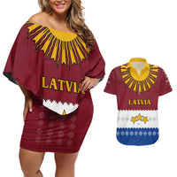 Latvia Couples Matching Off Shoulder Short Dress and Hawaiian Shirt with Three Stars Design and Traditional Pattern Details