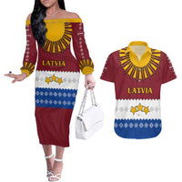 Latvia Couples Matching Off The Shoulder Long Sleeve Dress and Hawaiian Shirt with Three Stars Design and Traditional Pattern Details