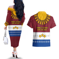 Latvia Couples Matching Off The Shoulder Long Sleeve Dress and Hawaiian Shirt with Three Stars Design and Traditional Pattern Details