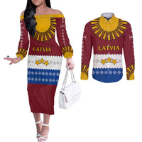 Latvia Couples Matching Off The Shoulder Long Sleeve Dress and Long Sleeve Button Shirt with Three Stars Design and Traditional Pattern Details