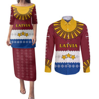 Latvia Couples Matching Puletasi and Long Sleeve Button Shirt with Three Stars Design and Traditional Pattern Details
