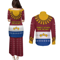 Latvia Couples Matching Puletasi and Long Sleeve Button Shirt with Three Stars Design and Traditional Pattern Details