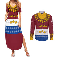Latvia Couples Matching Summer Maxi Dress and Long Sleeve Button Shirt with Three Stars Design and Traditional Pattern Details