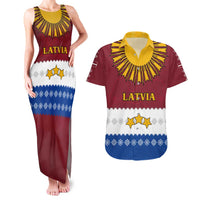 Latvia Couples Matching Tank Maxi Dress and Hawaiian Shirt with Three Stars Design and Traditional Pattern Details