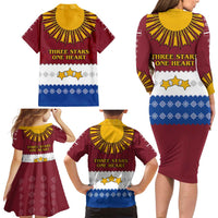 Latvia Family Matching Long Sleeve Bodycon Dress and Hawaiian Shirt with Three Stars Design and Traditional Pattern Details