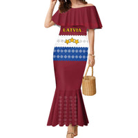 Latvia Family Matching Mermaid Dress and Hawaiian Shirt with Three Stars Design and Traditional Pattern Details
