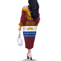 Latvia Family Matching Off The Shoulder Long Sleeve Dress and Hawaiian Shirt with Three Stars Design and Traditional Pattern Details