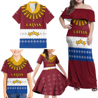 Latvia Family Matching Off Shoulder Maxi Dress and Hawaiian Shirt with Three Stars Design and Traditional Pattern Details