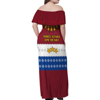 Latvia Family Matching Off Shoulder Maxi Dress and Hawaiian Shirt with Three Stars Design and Traditional Pattern Details