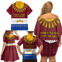 Latvia Family Matching Off Shoulder Short Dress and Hawaiian Shirt with Three Stars Design and Traditional Pattern Details