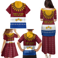Latvia Family Matching Puletasi and Hawaiian Shirt with Three Stars Design and Traditional Pattern Details