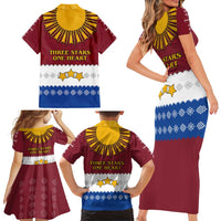 Latvia Family Matching Short Sleeve Bodycon Dress and Hawaiian Shirt with Three Stars Design and Traditional Pattern Details