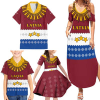 Latvia Family Matching Summer Maxi Dress and Hawaiian Shirt with Three Stars Design and Traditional Pattern Details