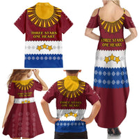 Latvia Family Matching Summer Maxi Dress and Hawaiian Shirt with Three Stars Design and Traditional Pattern Details