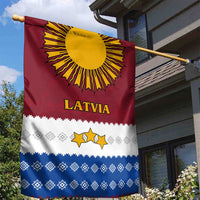 Latvia Garden Flag with Three Stars Design and Traditional Pattern Details