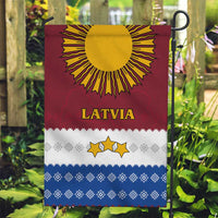 Latvia Garden Flag with Three Stars Design and Traditional Pattern Details
