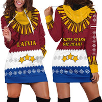 Latvia Hoodie Dress with Three Stars Design and Traditional Pattern Details