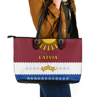 Latvia Leather Tote Bag with Three Stars Design and Traditional Pattern Details